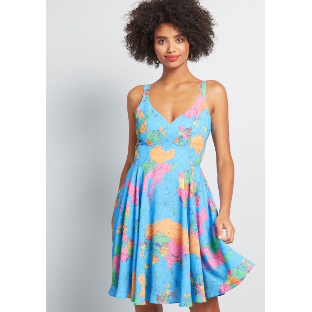 Liza Luxe World Map Dress XS | NWT, Fit & Flare, V-Neck, Travel, Summer Colorful